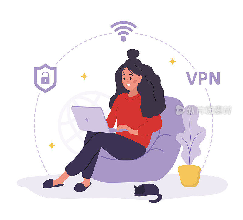 VPN服务。妇女使用私人网络保护个人资料。保护DNS和IP地址。数据库安全软件。矢量插图在平面卡通风格