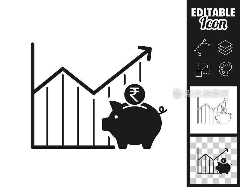 印度卢比储蓄增加的图表。图标设计。轻松地编辑