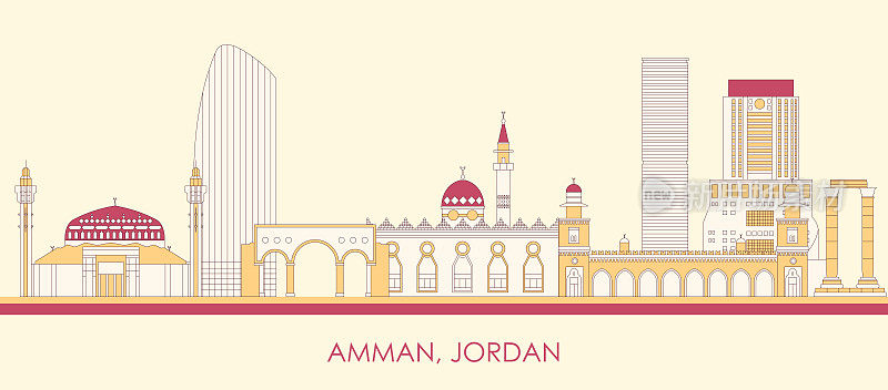 卡通天际线全景的城市安曼，约旦