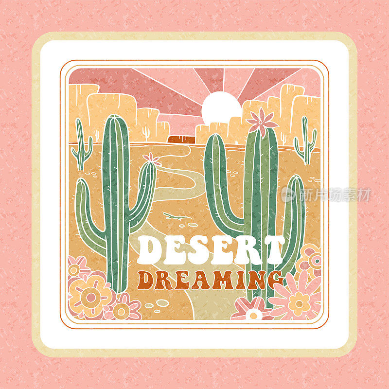 亚利桑那沙漠之梦贴纸。Arizoma为服装，海报设计平面印刷。户外西方复古艺术品。约书亚沙漠的t恤。轮廓矢量手绘插图