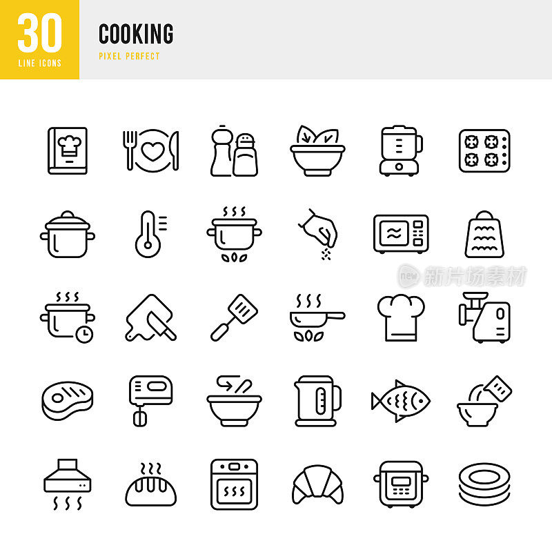 烹饪-细线矢量图标设置。30图标。像素完美。套装包括一本食谱,厨师的帽子,烹饪锅,炖锅,烤箱,多锅,面包,微波炉,鱼,肉,切菜板与刀,电动搅拌机,秤,碗,香料。