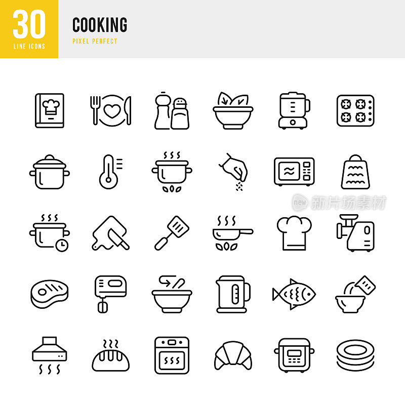 烹饪-细线矢量图标设置。30图标。像素完美。套装包括一本食谱，厨师的帽子，烹饪锅，炖锅，烤箱，多锅，面包，微波炉，鱼，肉，切菜板与刀，电动搅拌机，秤，碗，香料。