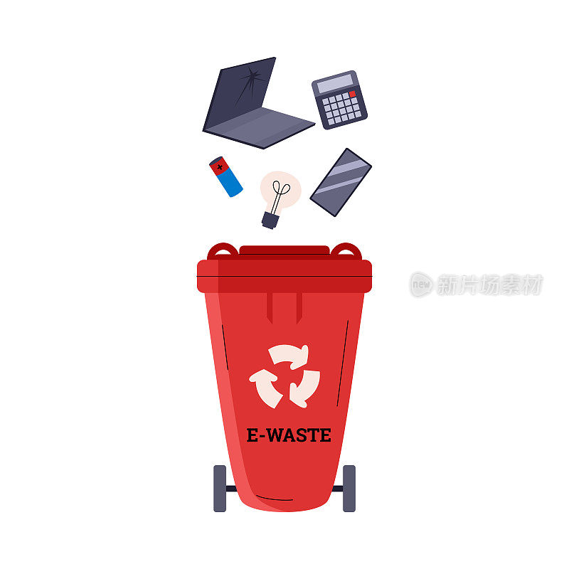 红色回收垃圾为电子垃圾和设备，平面矢量插图孤立。