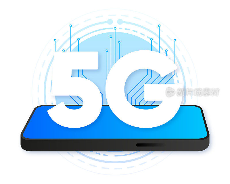 5g标志出现在蓝屏手机上。网络技术图标。矢量插图。