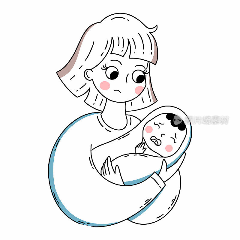悲伤的妈妈把哭泣的孩子抱在怀里。母亲和婴儿。矢量插图涂鸦。