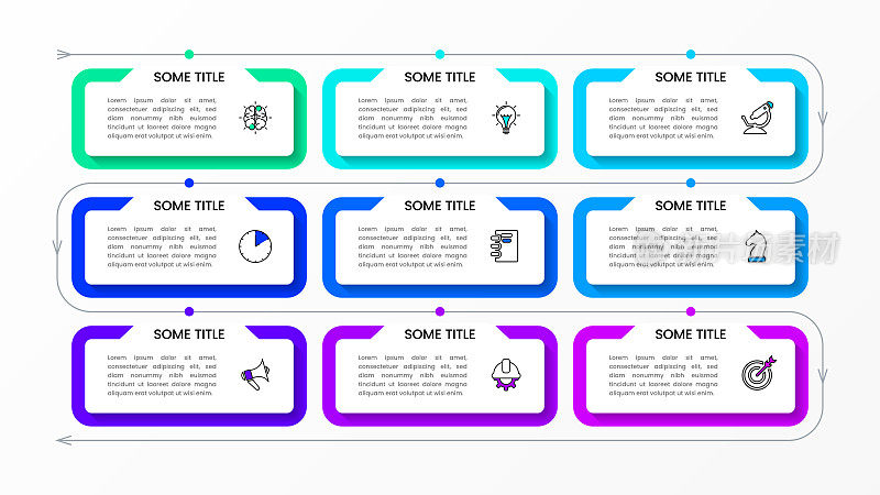 信息图表模板。时间轴与9个步骤和矩形