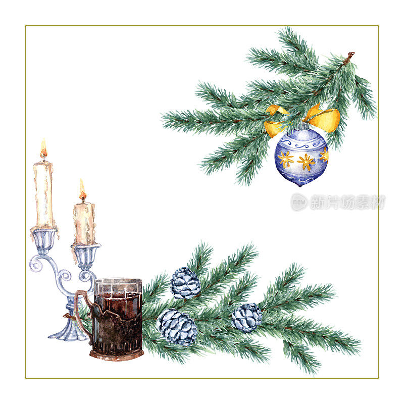 圣诞架冷杉树枝，玻璃层，圣诞树玩具，毛绒圣诞树，玻璃，蜡烛，烛台。手绘水彩插图在白色背景的卡片，祝贺。