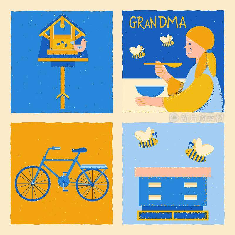 以村庄为主题的矢量插图。方形模板与鸟喂食器，祖母，文字，鸟，自行车，蜂箱与蜜蜂。