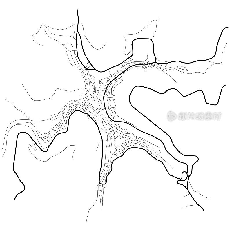 Centuripe城市地图(意大利)-城镇街道规划。道路方案单色线形图。城市环境，建筑背景。向量