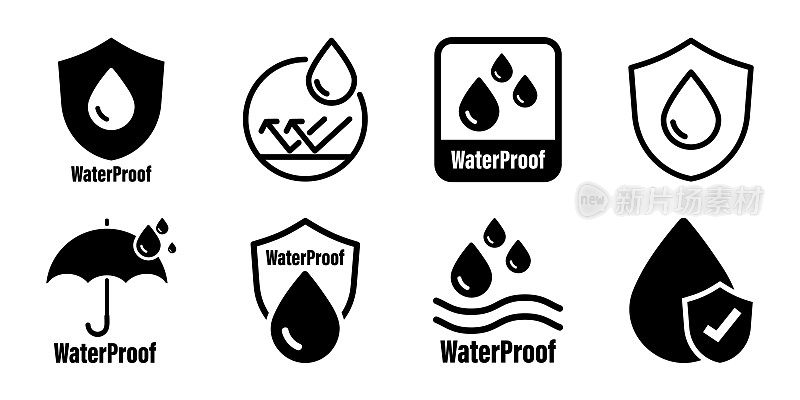 防水的图标。防水。收集防水标志。防水、防液保护。用水滴屏蔽。防湿材料，疏水面料，表面保护
