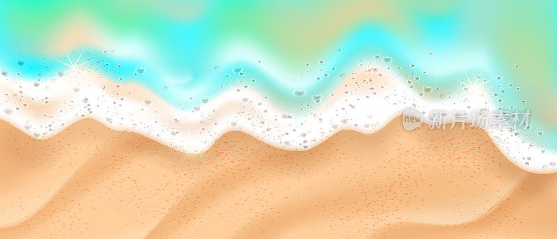 沙滩波顶视图，矢量海泡沫，软沙背景，三维夏季海洋纹理边界。
