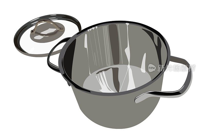 打开铝锅，锅盖靠在锅旁边，孤立在白色空背景上