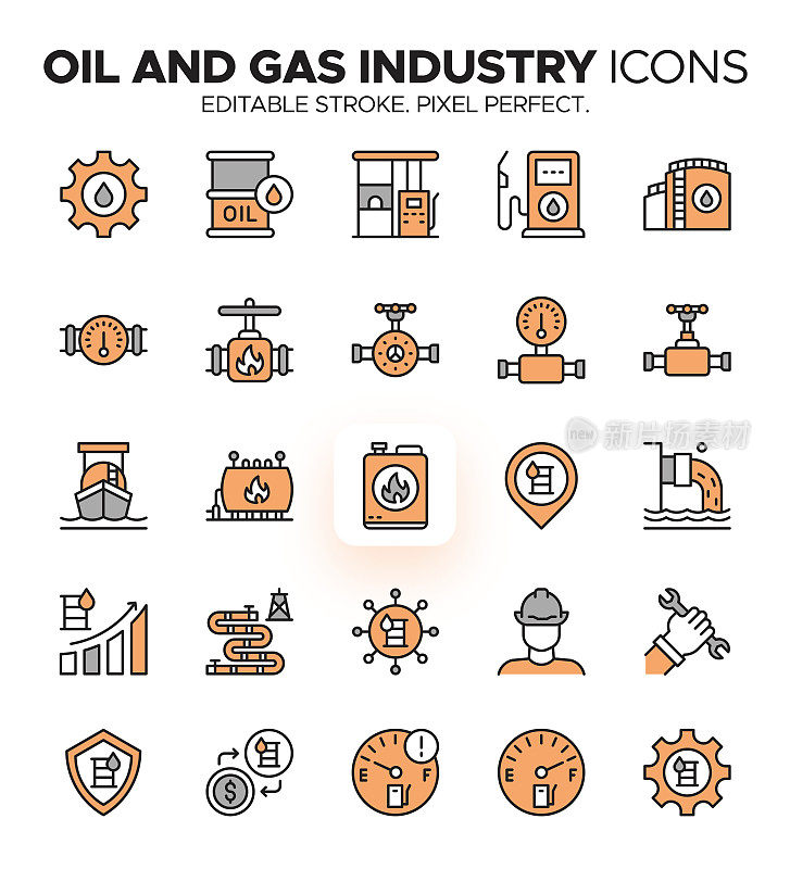 丰富多彩的石油和天然气行业图标集-能源，汽油，炼油和勘探符号