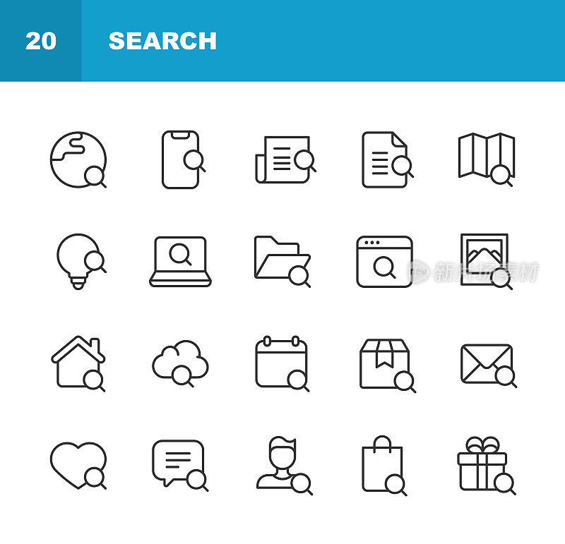 搜索行图标。可编辑的中风。包含广告、图表、数据分析、折扣、常见问题解答、互联网、求职、放大镜、营销、导航、性能营销、路线、搜索引擎、安全、网络浏览器、www等图标