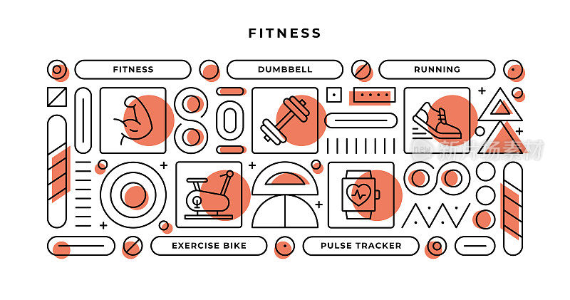 健身信息图概念与几何形状和健身，哑铃，跑步，锻炼自行车线图标