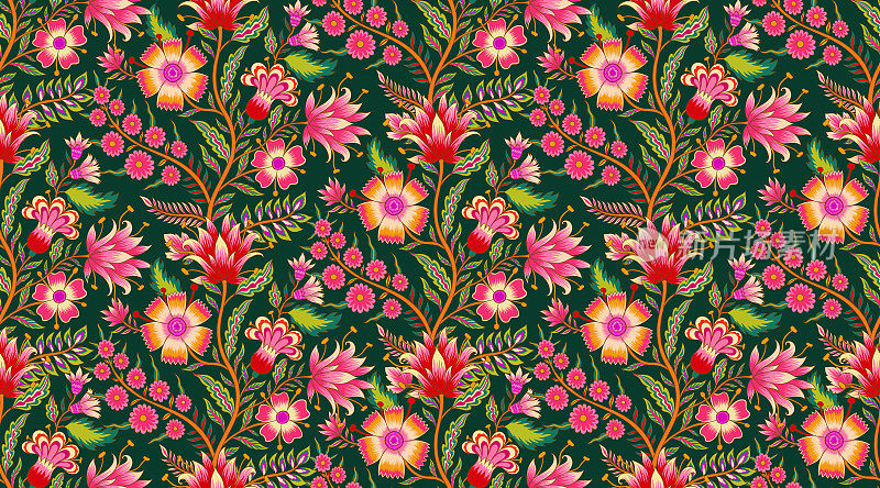 美丽的花浪漫无缝模式在雅各布风格。装饰品的灵感也来自莫卧儿艺术。图案描绘了一束印度纺织风格的梦幻花朵。