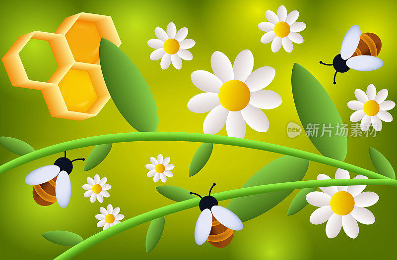 一群蜜蜂带着甘菊，雏菊在蜂房里采蜜。矢量3d插图，绿色背景。昆虫给花授粉。草地，蜂房，环境。蜜蜂采集花粉。