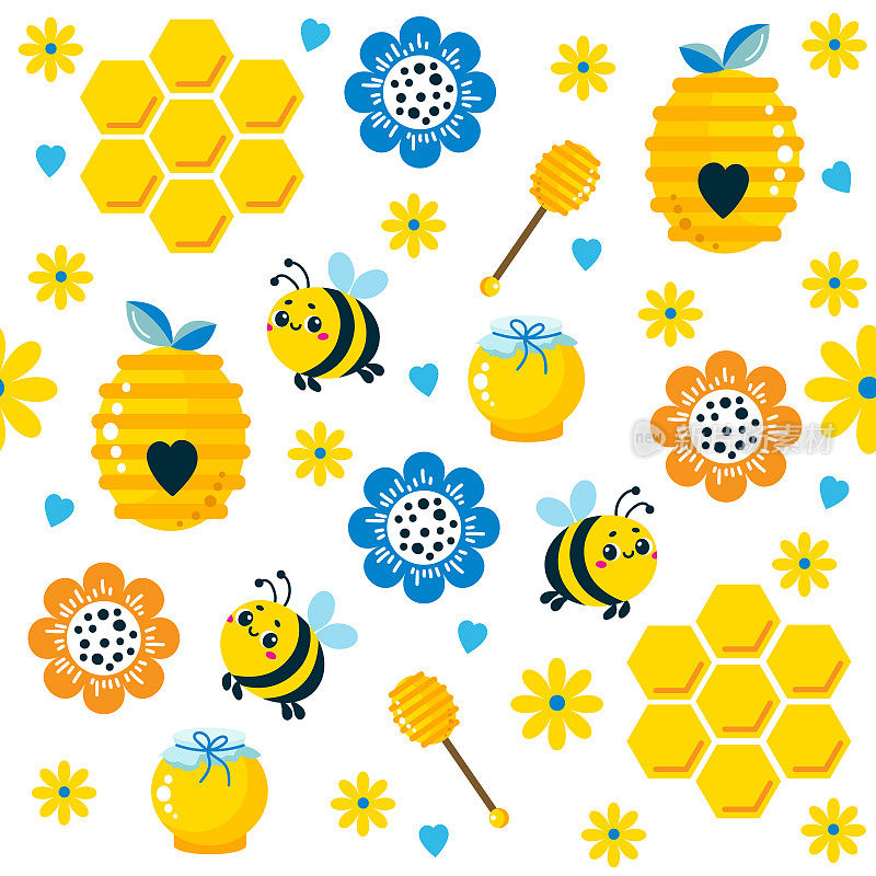 矢量无缝夏季图案与可爱的蜜蜂，蜂蜜罐，蜜蜂和花朵