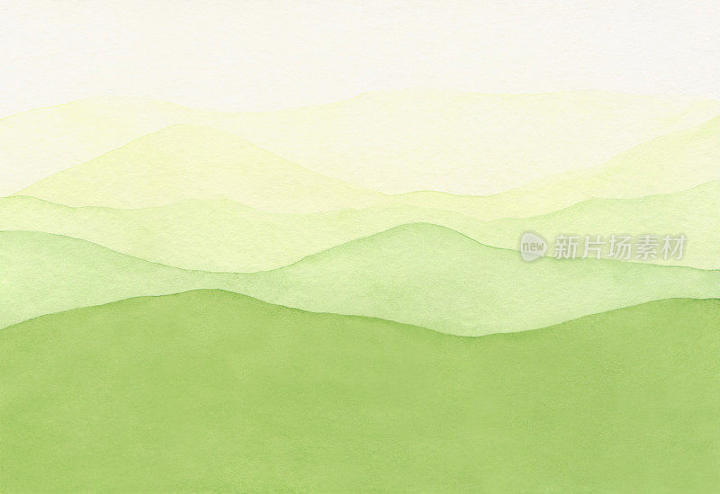 浅绿色水彩抽象纹理背景与全景草地和山丘。