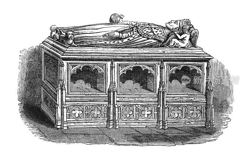亨利五世或蒙茅斯亨利(英格兰国王)的坟墓在威斯敏斯特大教堂-古董雕刻插图