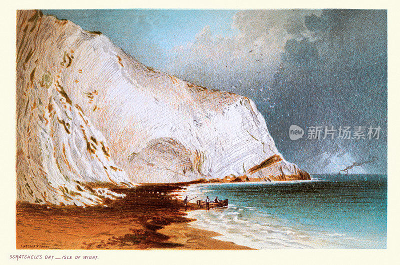斯克切尔湾是怀特岛西南海岸的一个海湾，白色的白垩悬崖，维多利亚时代的风景艺术
