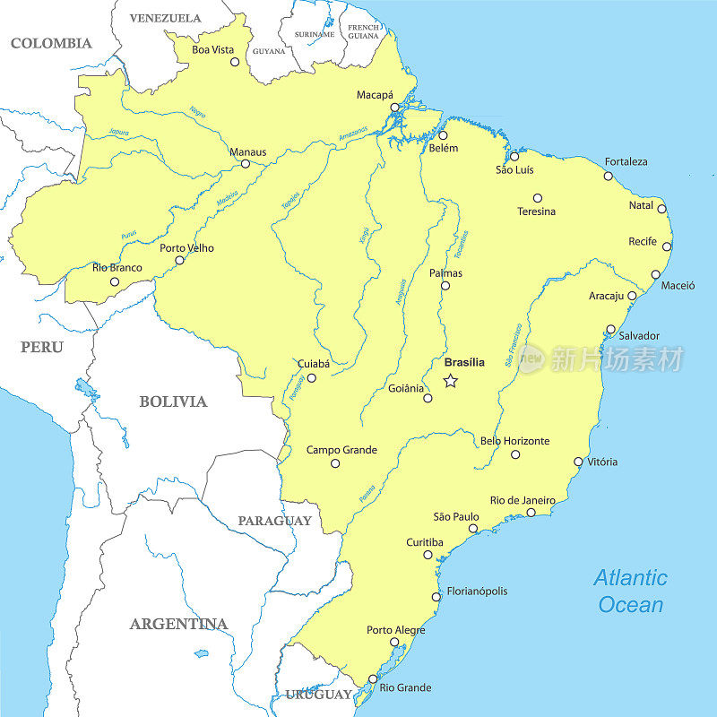 带有国家边界的巴西政治地图