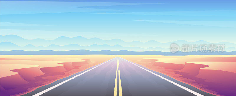 沙漠空荡荡的汽车路穿过沙峡谷。