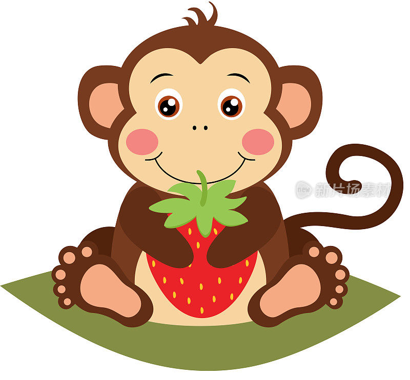 可爱的猴子拿着一个红色的草莓