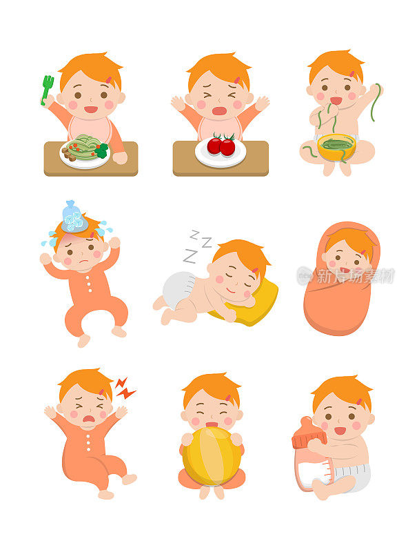 9种宝宝的日常生活方式设置，吃面挑食生病发烧吵闹睡觉包裹，矢量插图人物
