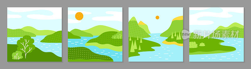 夏季景观田野绿色山丘设置抽象风景平面极简主义设计矢量插图