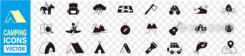 露营，国内和旅游细线网页图标集矢量插图。