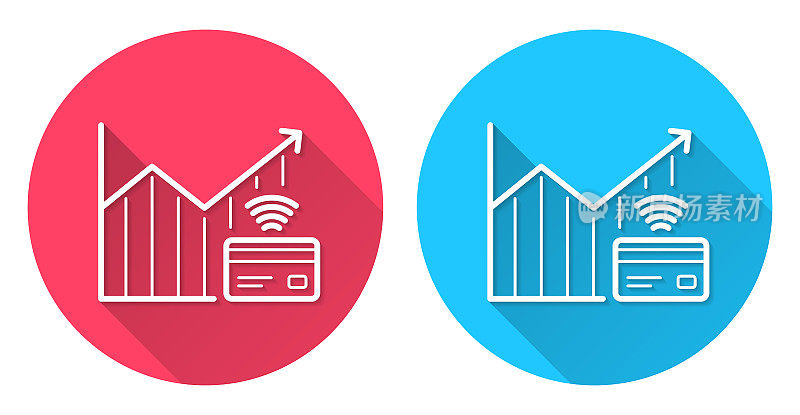 非接触式支付增加图表。圆形图标与长阴影在红色或蓝色的背景