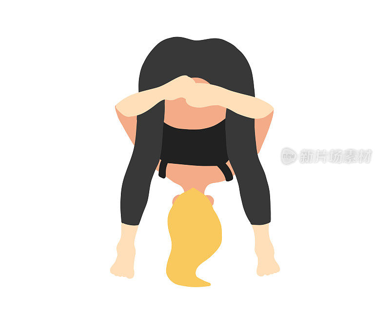 留着金色长发，穿着黑色运动服的欧洲女孩。女性普拉提瑜伽卡通平面风格。