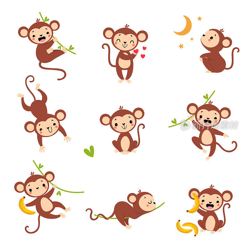 可爱好玩的猴子与长尾挂在藤蔓与香蕉矢量集