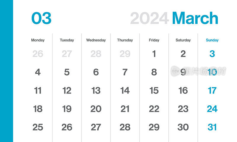 2024年3月-月历。极简风格的景观水平日历2024年。向量模板。这一周从星期一开始