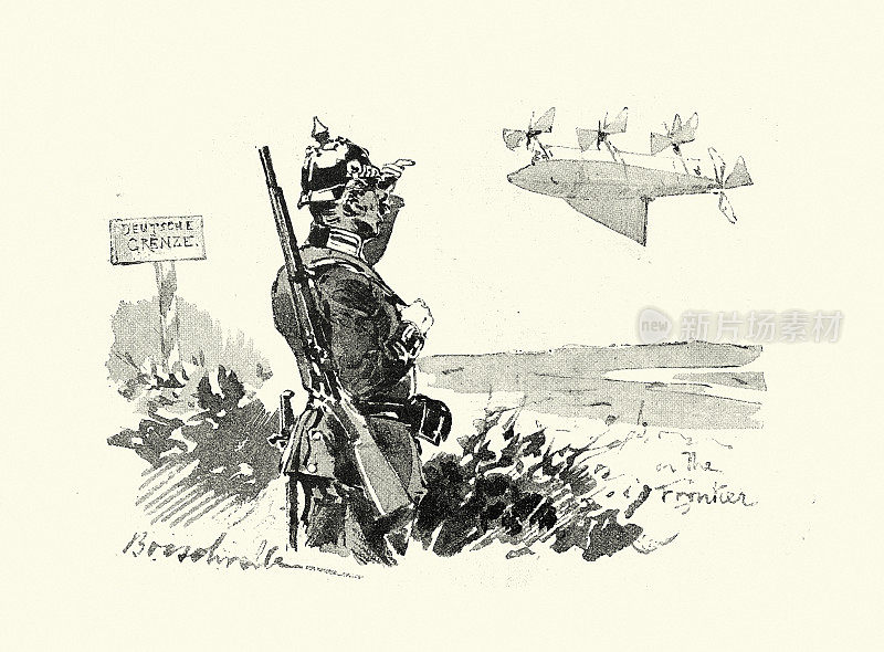 19世纪19世纪90年代，维多利亚时代，一名德国士兵看着飞艇在空中飞行