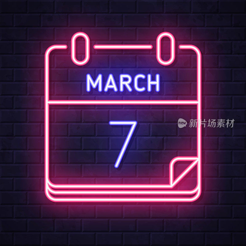 3月7日。在砖墙背景上发光的霓虹灯图标