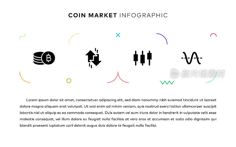 硬币市场概念信息图表设计与简单的固体图标。这种信息图表设计适用于网站、演示文稿、杂志和小册子。