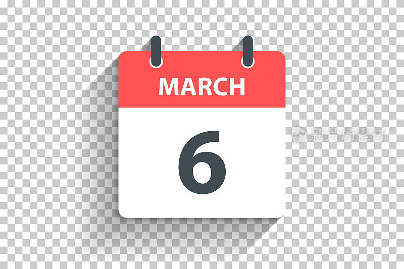 3月6日-每日日历图标在空白背景上的平面设计风格