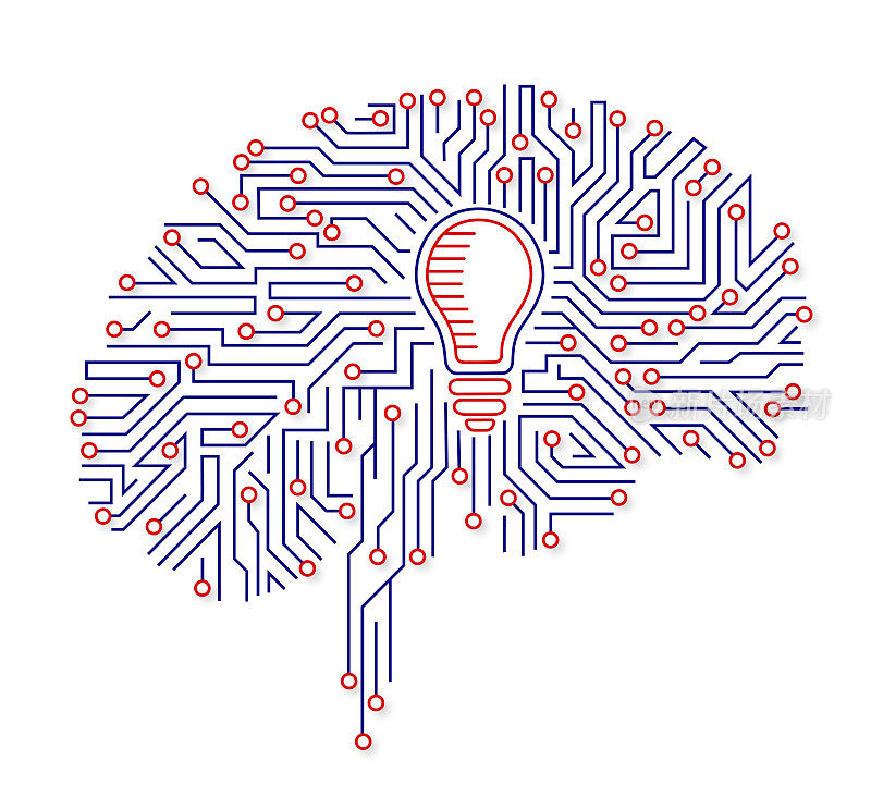 灯泡在人脑中用电路板作为大脑解剖隔离在白色上