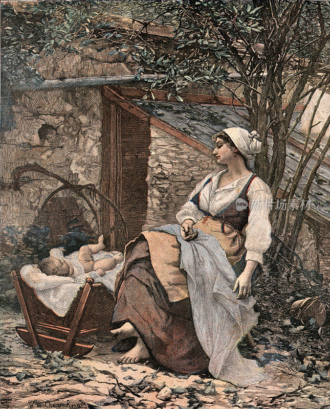 19世纪法国维多利亚艺术，年轻的母亲在婴儿床里照看她的孩子