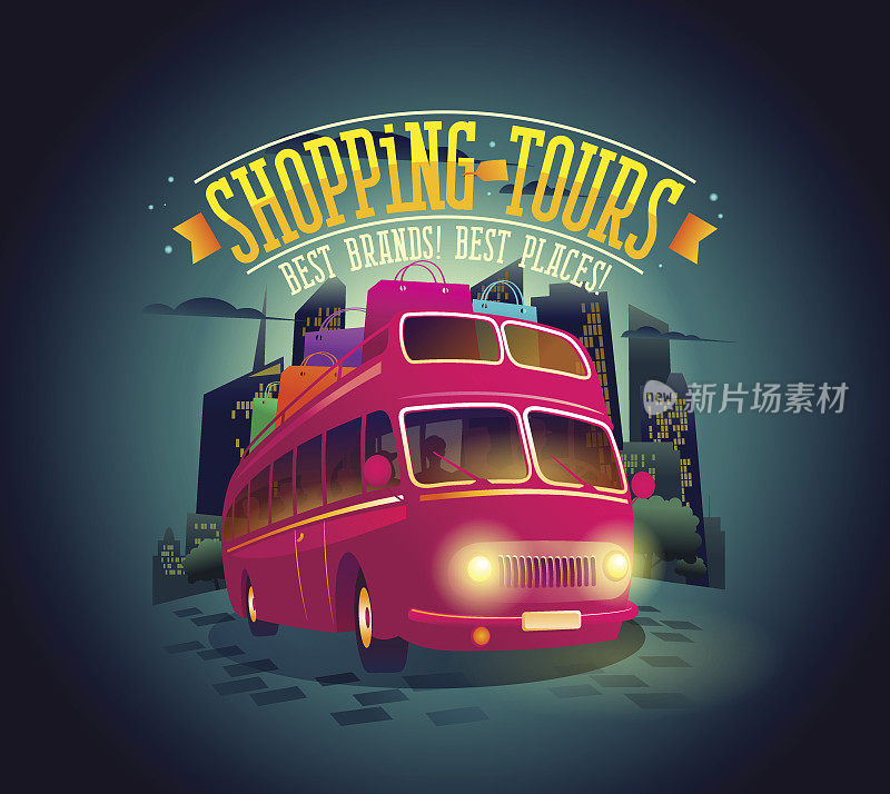 最佳购物旅游海报与乘坐双层巴士在夜间城市的背景