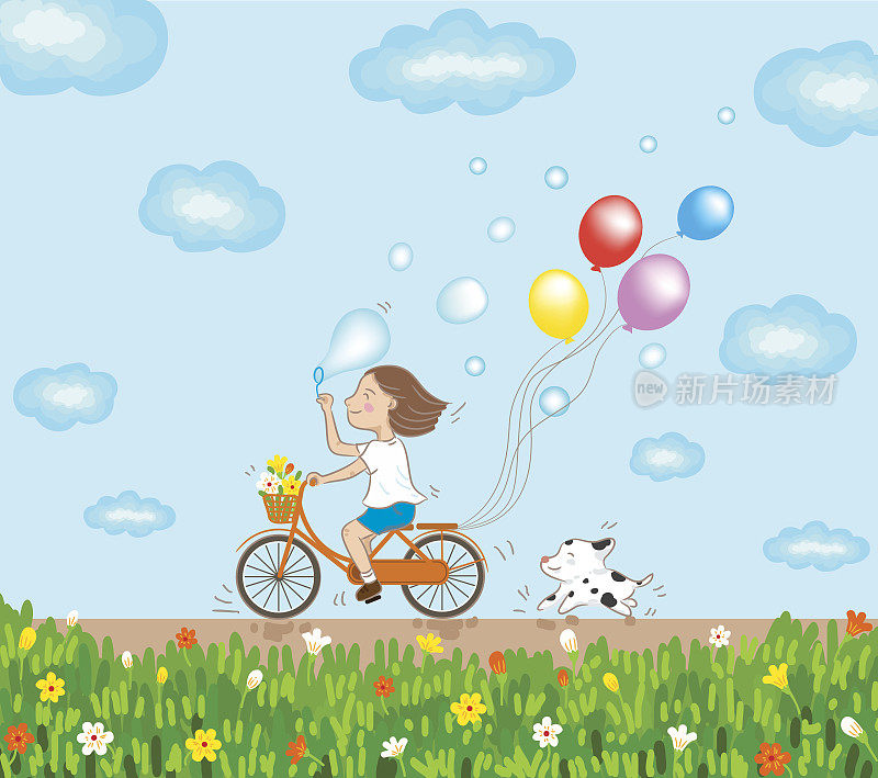女孩骑着自行车和狗在美好的一天