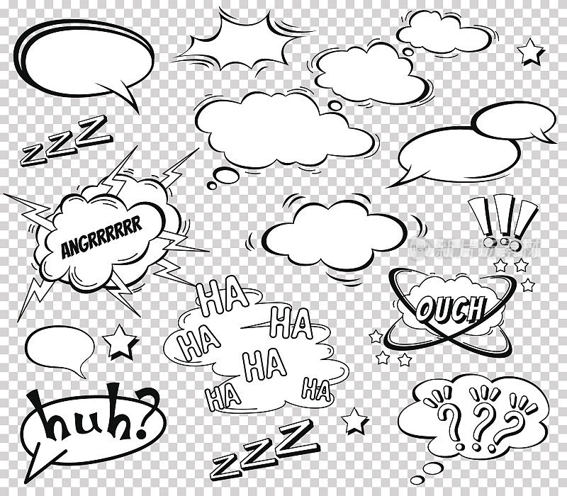 大套卡通，漫画演讲泡泡，空洞的对话云在波普艺术风格。矢量插图漫画书，社交媒体横幅，宣传材料