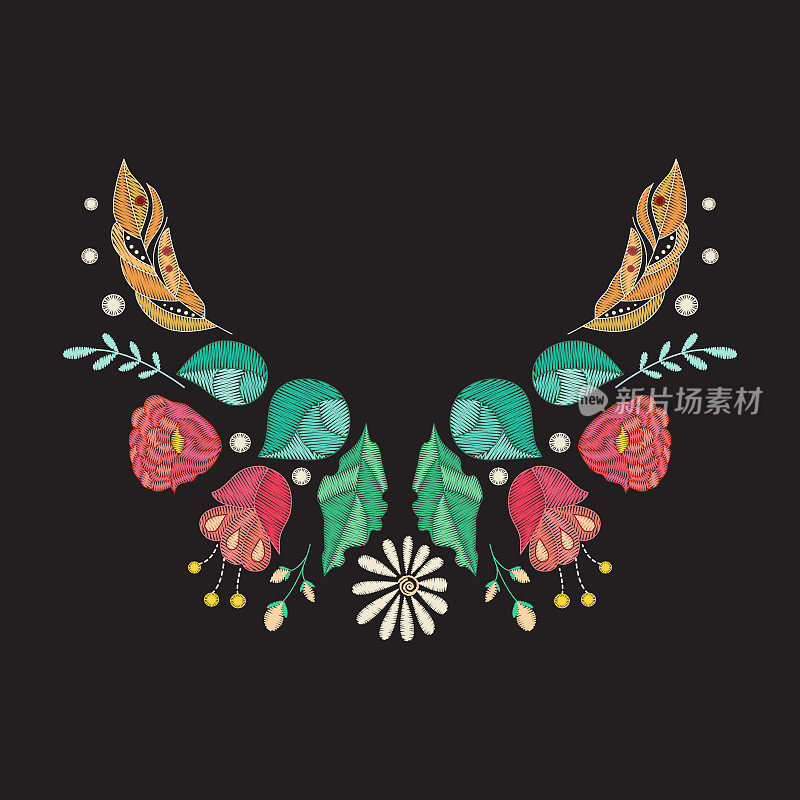 矢量刺绣领口设计。彩色花卉图案的颈部印花与装饰绣花和叶子