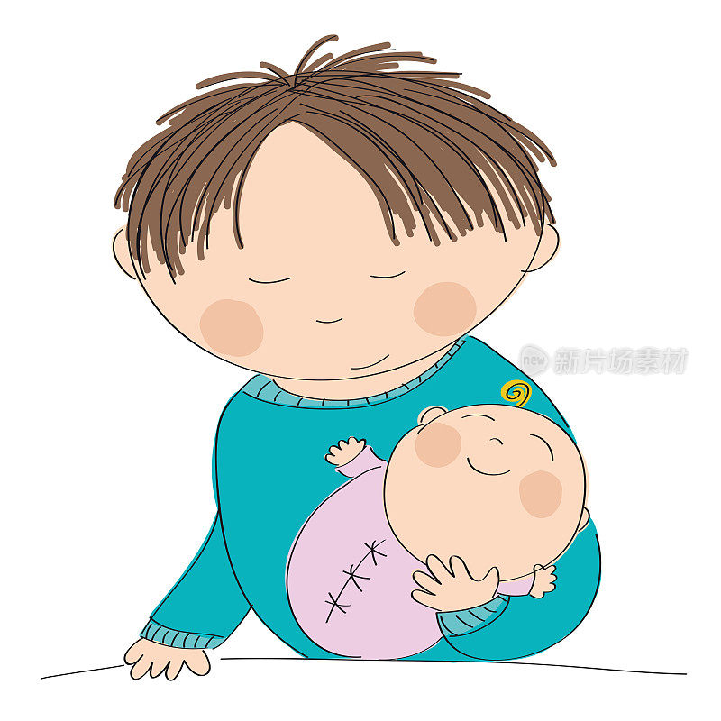 快乐年轻的父亲抱着他的小宝贝女儿-原创手绘插图
