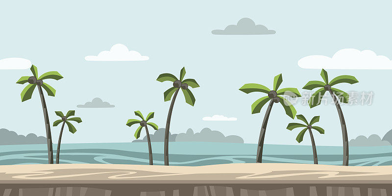 无缝无尽的街机游戏背景。沙滩上有棕榈树，蓝天白云。矢量插图。