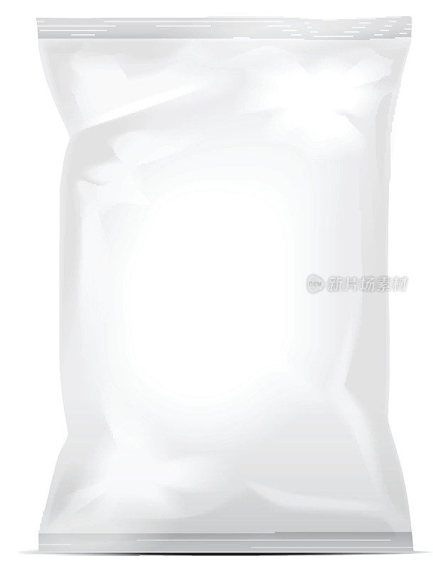 白色空白铝箔袋包装的食品，零食，咖啡，可可，糖果，饼干，坚果，薯条。逼真的塑料包装模型
