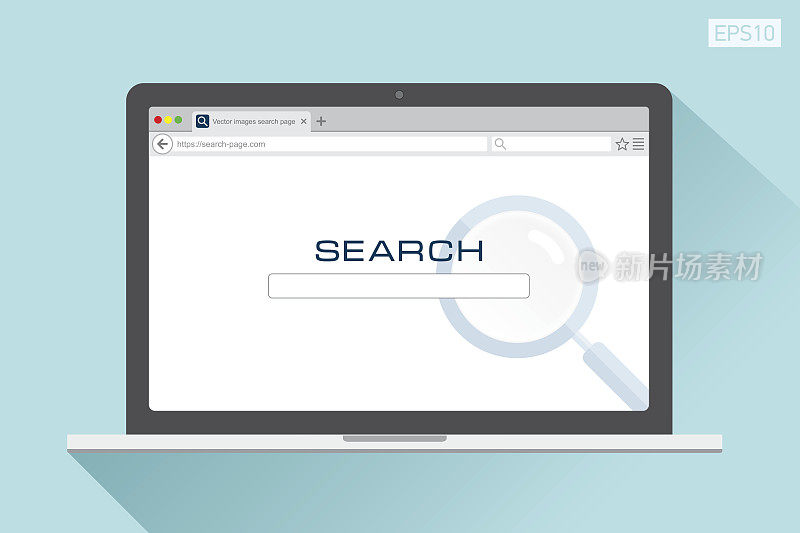 网页搜索在平板风格的笔记本电脑屏幕上，彩色背景，放大镜。互联网浏览器。矢量设计对象为您的项目