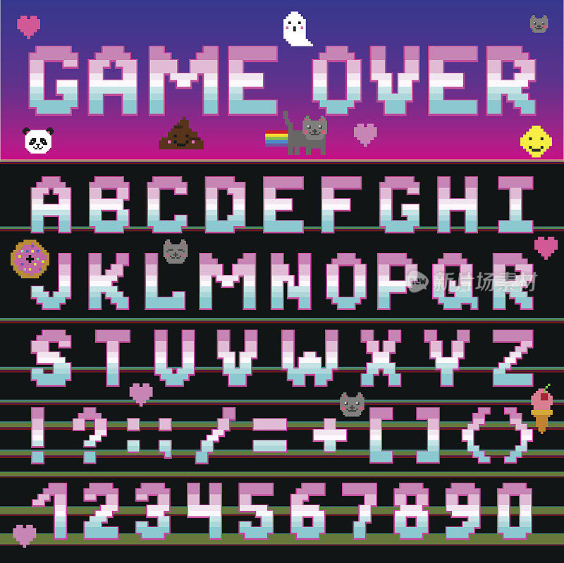 像素复古字体电脑游戏设计8-16位字母和数字电子未来向量abc字体数字字母表打印